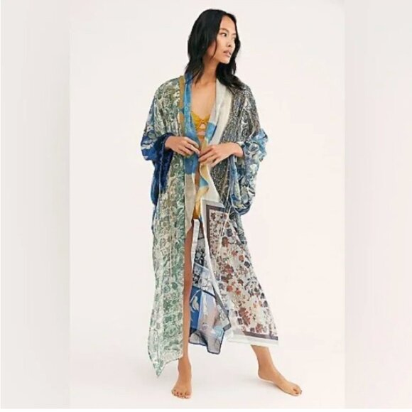 Free People Kimono Keeping Up With Indigo Mixed Print Sheer Lightweight One Size - Picture 2 of 8